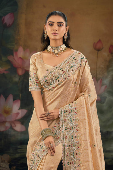 Embroidered Silk Fabric Peach Sangeet Wear Saree