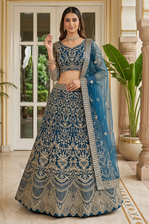 Rich Embroidery Sangeet Night Designer Teal Net Lehenga Choli