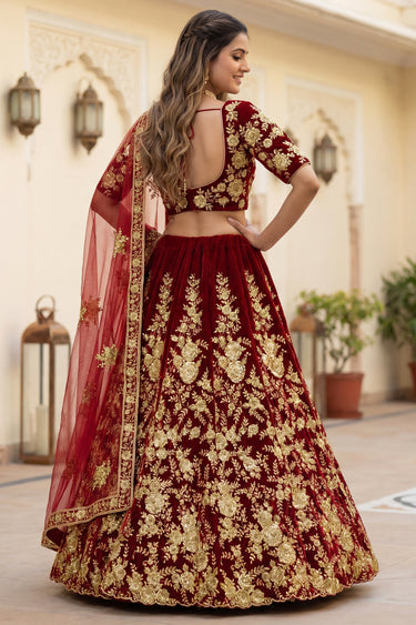 Luxury Heavy Embroidery Bridal Look Maroon Designer Velvet Lehenga Choli