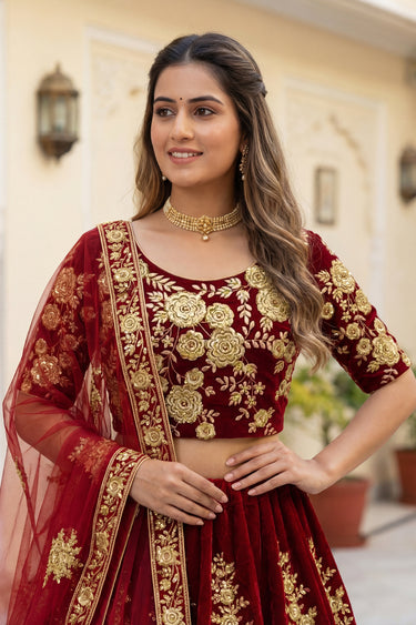 Luxury Heavy Embroidery Bridal Look Maroon Designer Velvet Lehenga Choli