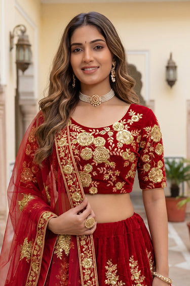 Elegant Red Traditional Bridal Look Designer Velvet Lehenga Choli