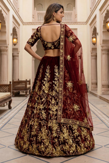 Grand Maroon Wedding Special Designer Embroidered Velvet Lehenga Choli