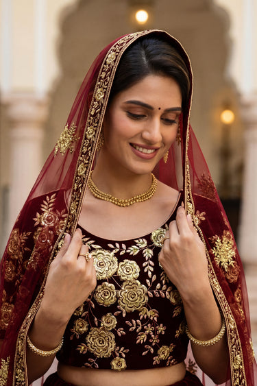 Grand Maroon Wedding Special Designer Embroidered Velvet Lehenga Choli