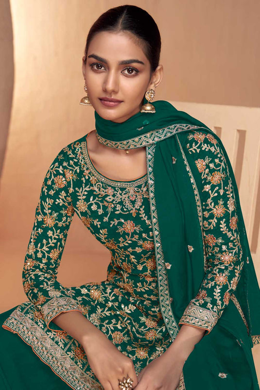 Exclusive Green Color Palazzo Suit In Chinon Fabric