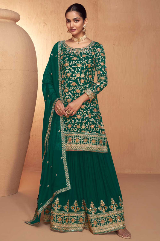 Exclusive Green Color Palazzo Suit In Chinon Fabric