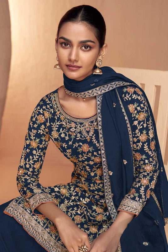 Navy Blue Color Exquisite Palazzo Suit In Chinon Fabric