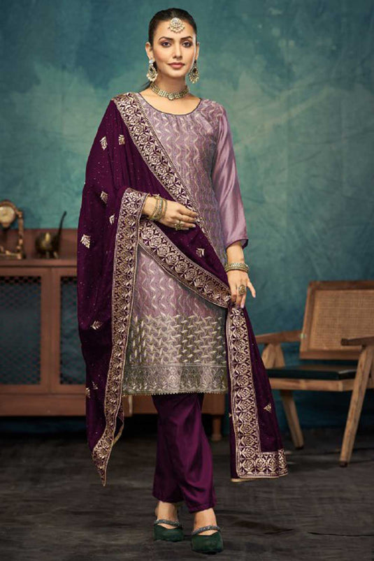 Vichitra Fabric Purple Color Embroidered Elegant Salwar Suit