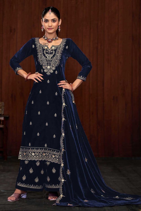 Incredible Navy Blue Color Function Wear Velvet Palazzo Suit