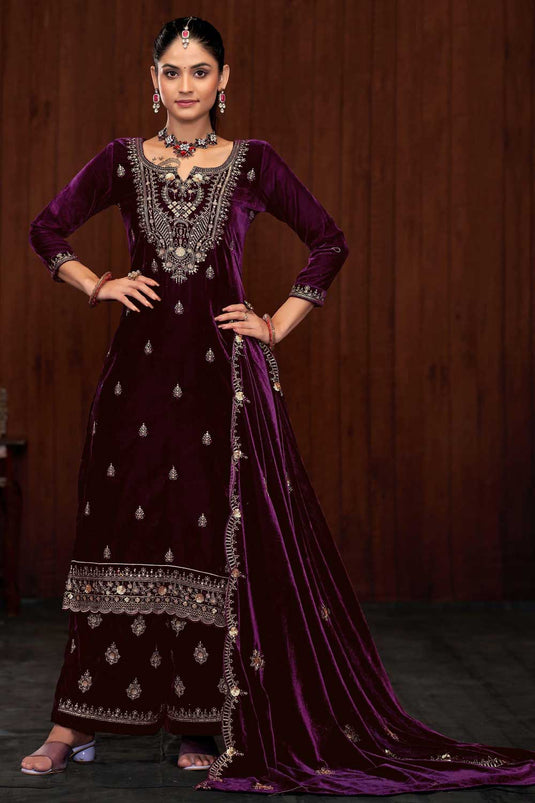 Tempting Wine Color Function Wear Velvet Palazzo Suit