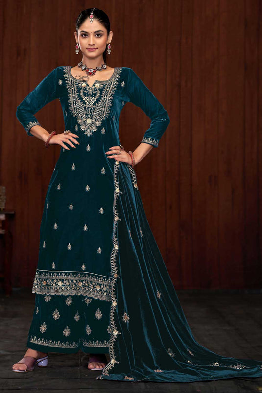 Engaging Teal Color Function Wear Velvet Palazzo Suit