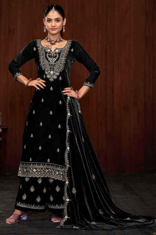 Black Color Function Wear Winsome Velvet Palazzo Suit