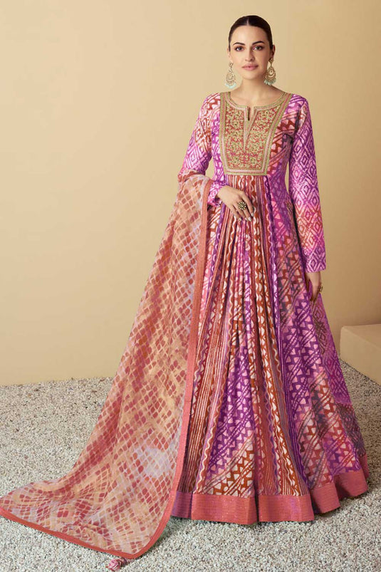 Beautiful Muslin Fabric Readymade Anarkali Style Gown With Dupatta