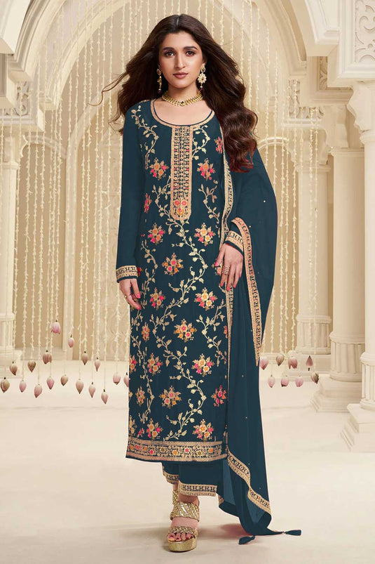 Nidhi shah Trendy Teal Color Viscose Fabric Salwar Suit