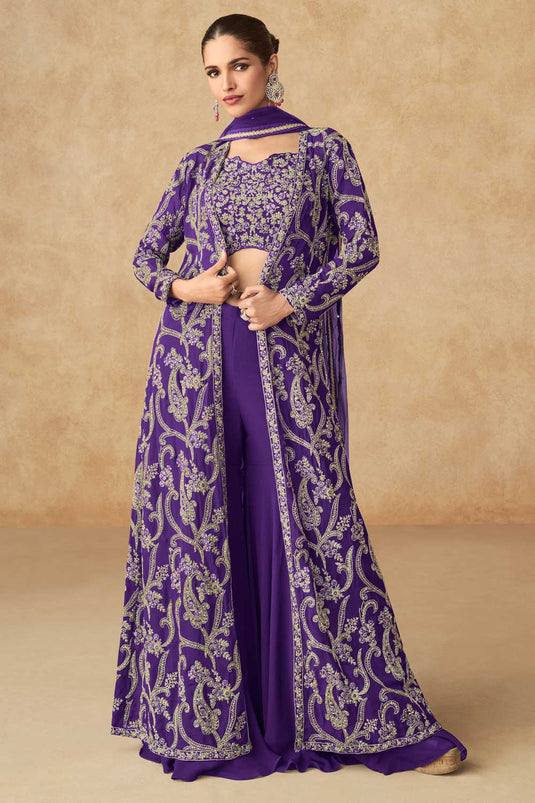 Purple Color Georgette Fabric Charming Palazzo Suit With Jacket