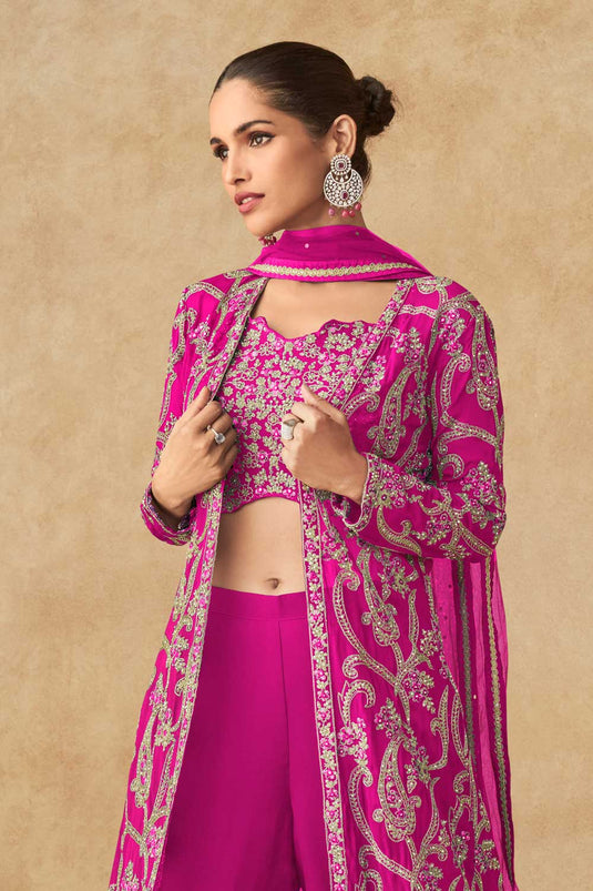 Georgette Fabric Magenta Color Attractive Palazzo Suit With Jacket