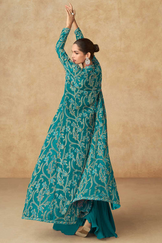 Green Color Georgette Fabric Beautiful Palazzo Suit With Jacket