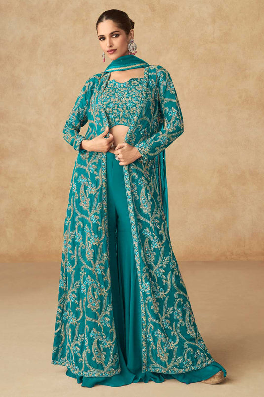 Green Color Georgette Fabric Beautiful Palazzo Suit With Jacket