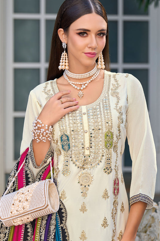 Function Wear White Color Embroidered Suit