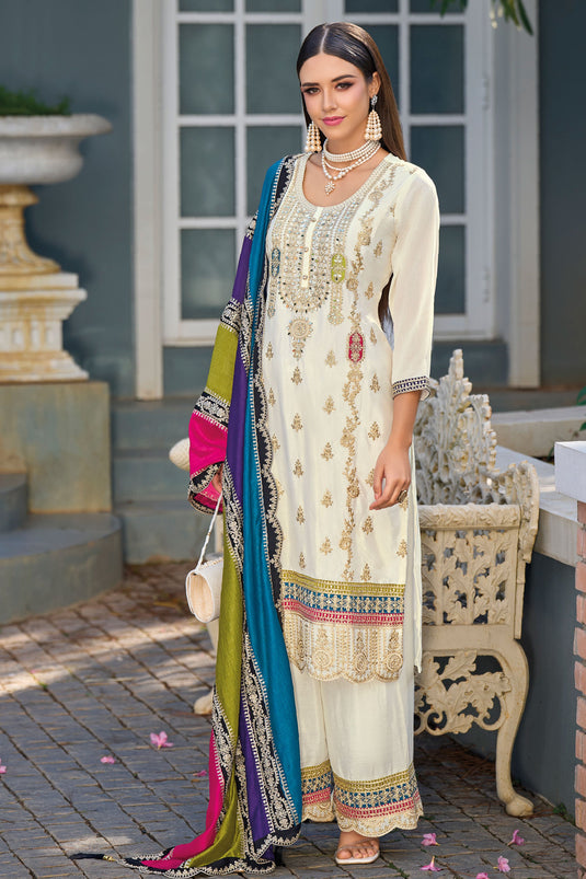 Function Wear White Color Embroidered Suit