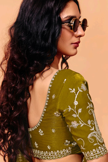 Premium Tissue Silk Embroidered Border Work Green Saree