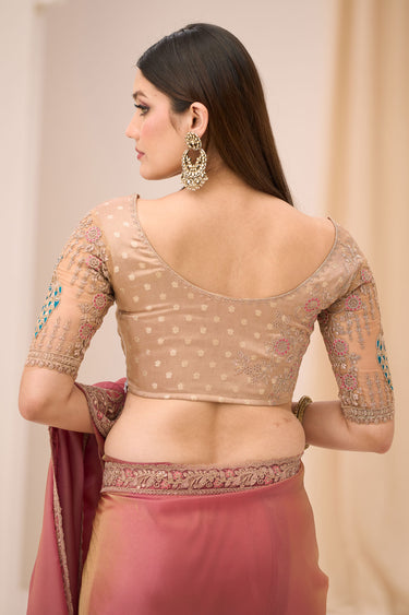 Glamorous Pink Tissue Georgette Designer Saree With Border Work