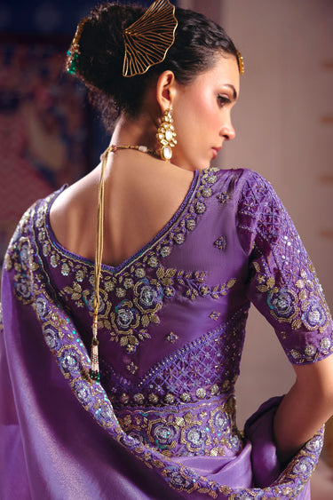 Stylish Heavy Embroidered Border Work Tissue Silk Saree With Unstitched Blouse