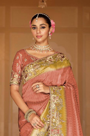 Designer Peach Soft Silk Saree With Unstitched Bridal Blouse
