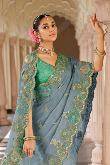 Luxury Grey Soft Silk Bridal Wear Saree With Embroidery Silk Blouse