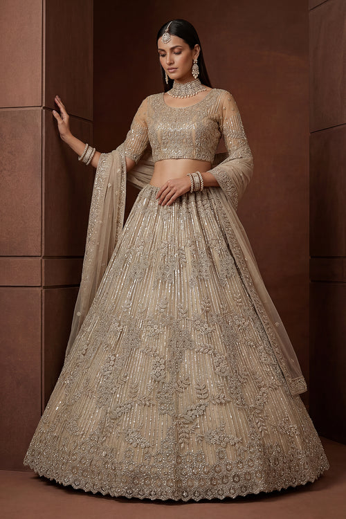 Embroidered Net Beige Lehenga Choli For Sangeet Function