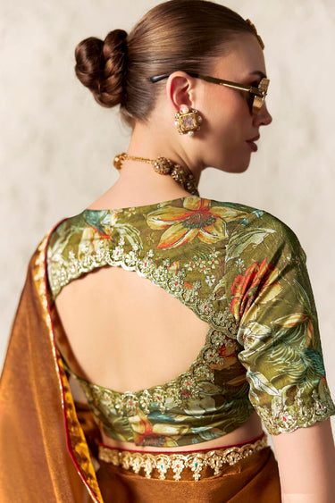 Lace Work Fancy Tissue Silk Trendy Saree In Brown Color