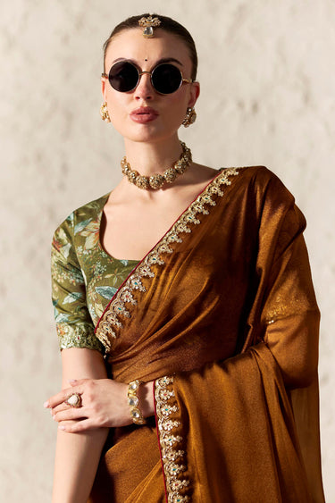Lace Work Fancy Tissue Silk Trendy Saree In Brown Color