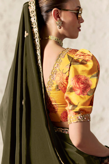 Olive Green Lace Work Tissu Silk Saree With Unstitched Blouse