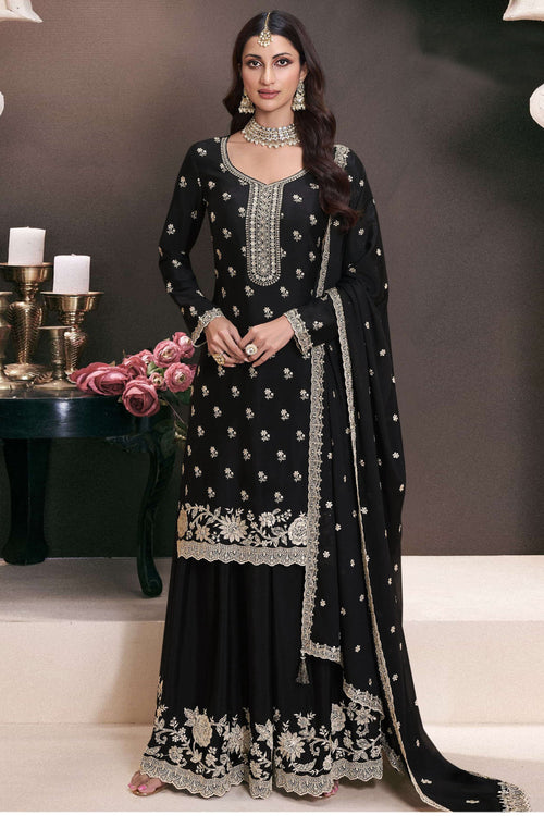 Chinon Black Color Embroidered Readymade Palazzo Dress