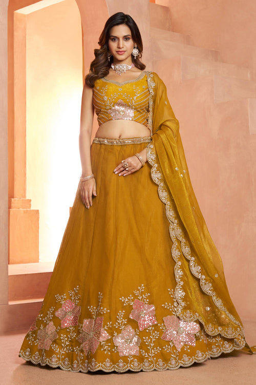 Designer Mustard Embroidered Wedding Wear Lehenga Choli