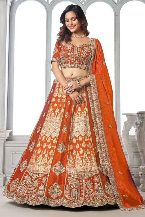 Elegant Rust Silk Fabric Sangeet Function Lehenga Choli