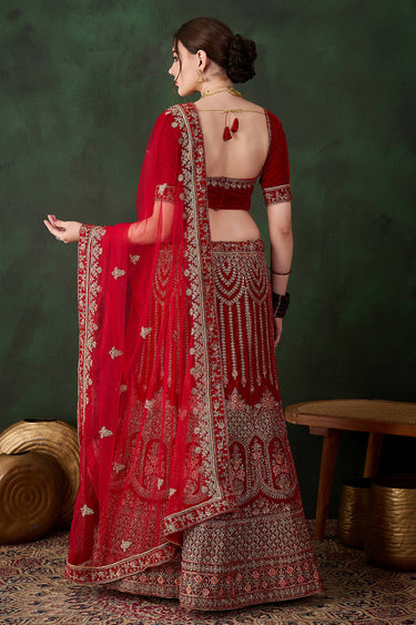 Red Royal Velvet Embroidered Semi Stitched Bridal Lehenga Choli