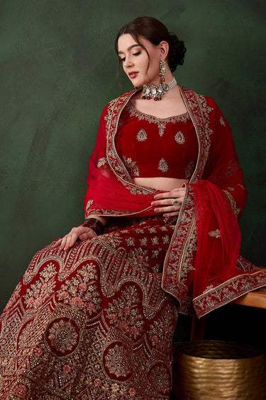 Elegance Velvet Red Bridal Lehenga Choli