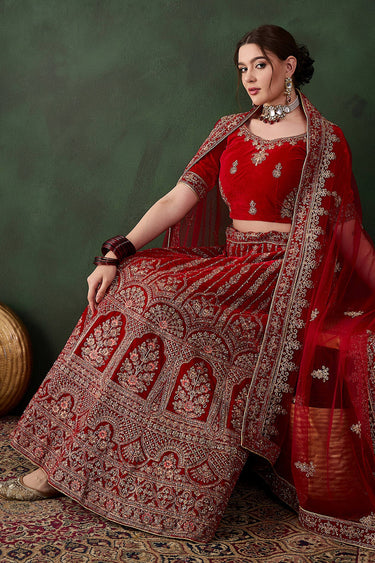 Regal Heritage Red Embroidered Velvet Wedding Lehenga Choli