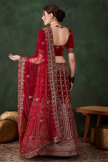 Royal Embroidered Velvet Bridal Maroon Lehenga Choli