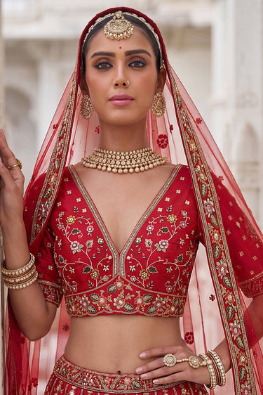 Pure Silk Flaming Red Heavy Embroidered Bridal Lehenga Choli