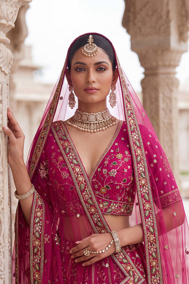 Deep Magenta Pure Silk Heavy Embroidered Bridal Lehenga Choli