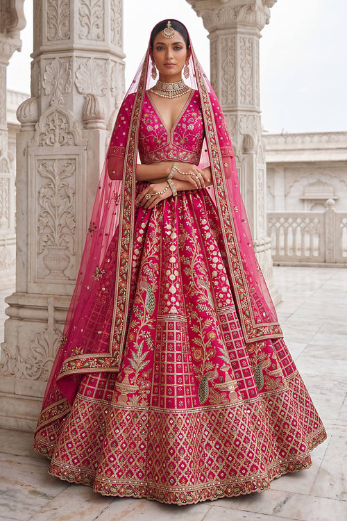 Deep Magenta Pure Silk Heavy Embroidered Bridal Lehenga Choli