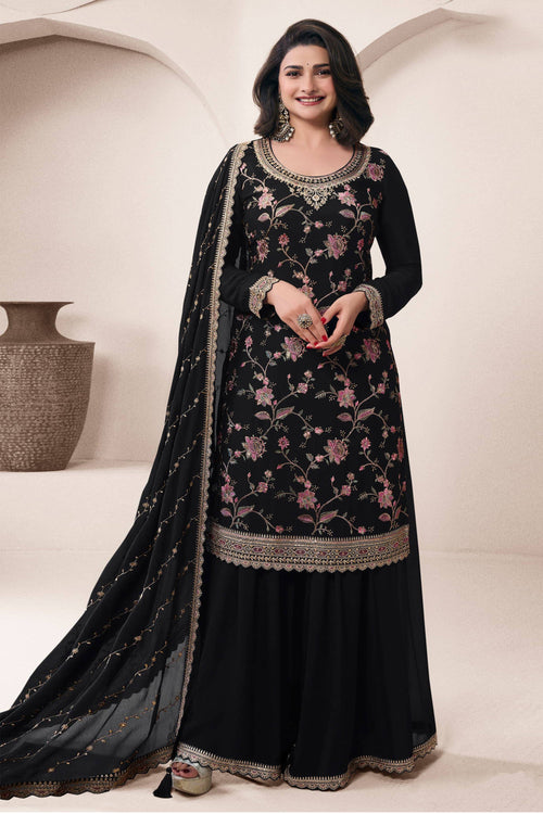 Prachi Desai Black Chinon Embroidered Work Palazzo Suit For Festive Wear