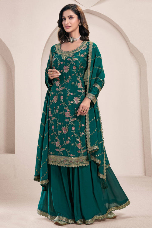 Teal Embroidered Chinon Palazzo Suit For Festive Wear