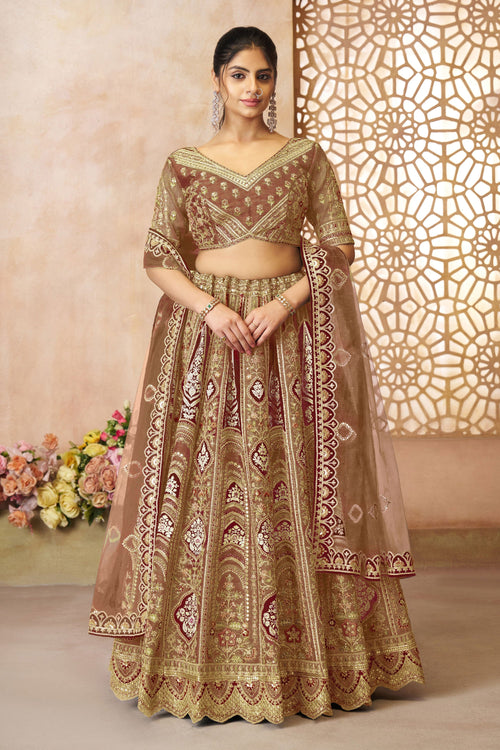 Banarasi Silk Fabric Wedding Wear Lehenga Choli In Brown Color