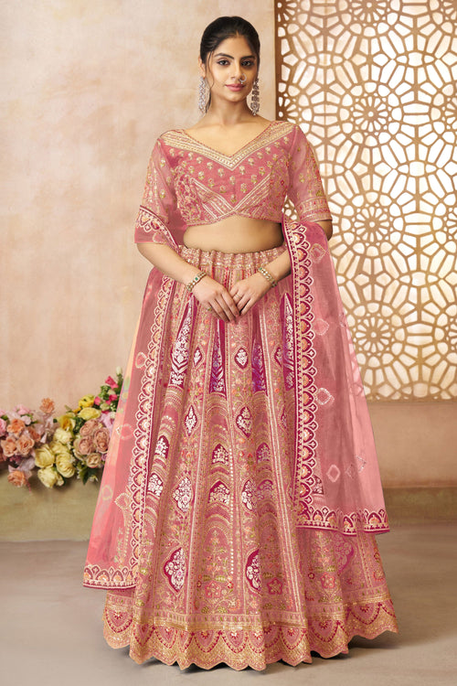 Banarasi Silk Pink Heavy Embroidered Designer Lehenga Choli
