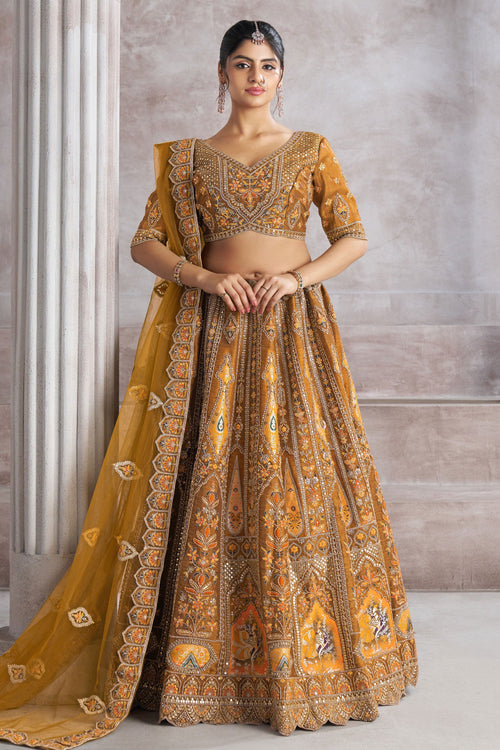 Banarasi Silk Fabric Mustard Designer 3 Piece Lehenga Choli