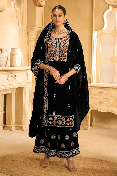 Black Embroidered Velvet Palazzo Salwar Kameez