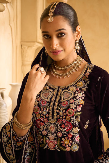Brown Embroidered Velvet Palazzo Salwar suit