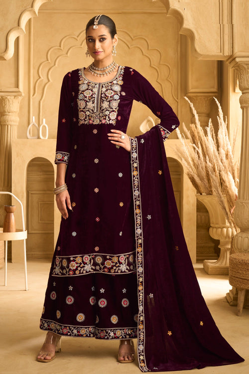Purple Designer Velvet Salwar Suit With Embroidered Work